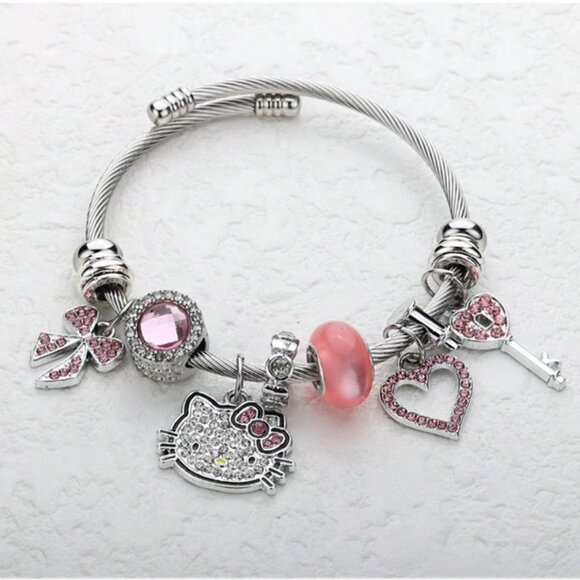 SANRIO Hello Kitty Silver & Pink Rhinestone Charm Bracelet BRAND-NEW & SO CUTE! - Picture 2 of 4